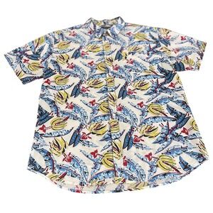 Straight Faded Hawaiian Shirt Fun Banana Trees Yellow Blue Red Mens Size L EUC